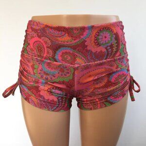 Red Pink Paisley Hot Yoga Short Swim -Wide Waistband Short- Made in USA NEW